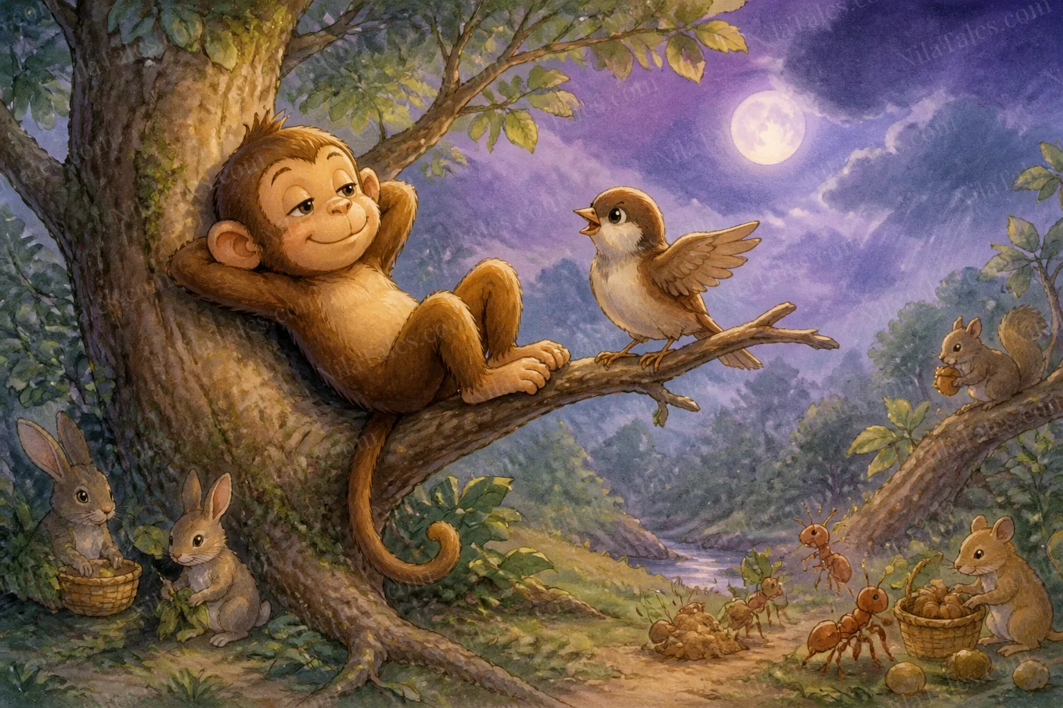 சோம்பேறி குரங்கும் அறிவுரை சொன்ன குருவியும் — NilaTales cover art